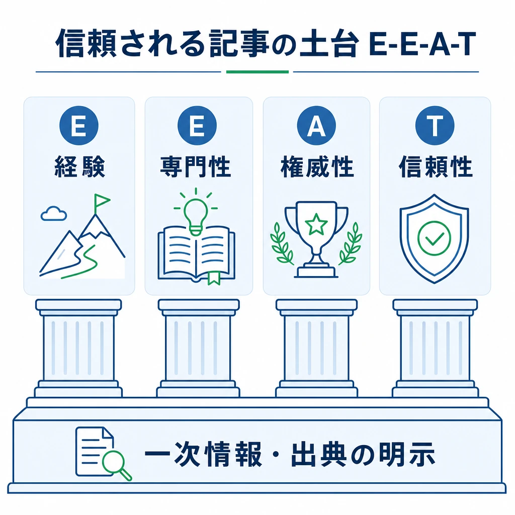 信頼される記事の土台となるE-E-A-T（経験・専門性・権威性・信頼性）と一次情報を示した図