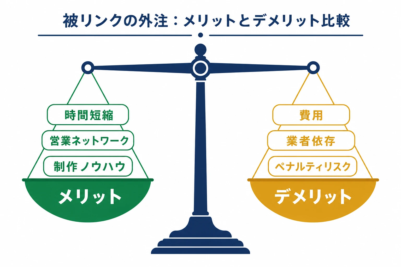被リンク代行のメリットとデメリットを天秤で対比した図