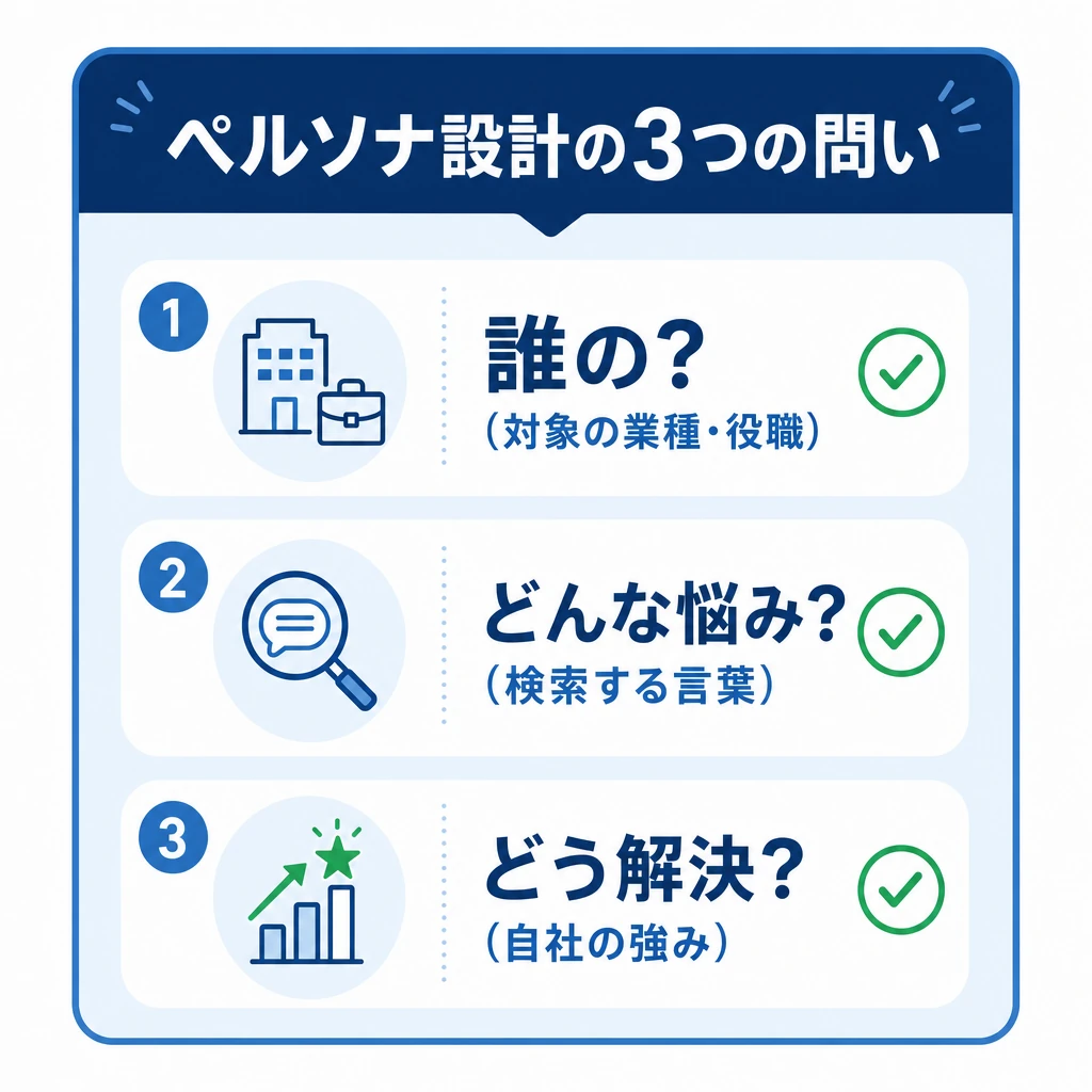 ペルソナ設計で押さえる3つの問い（誰の・どんな悩み・どう解決）を示したワークシート図